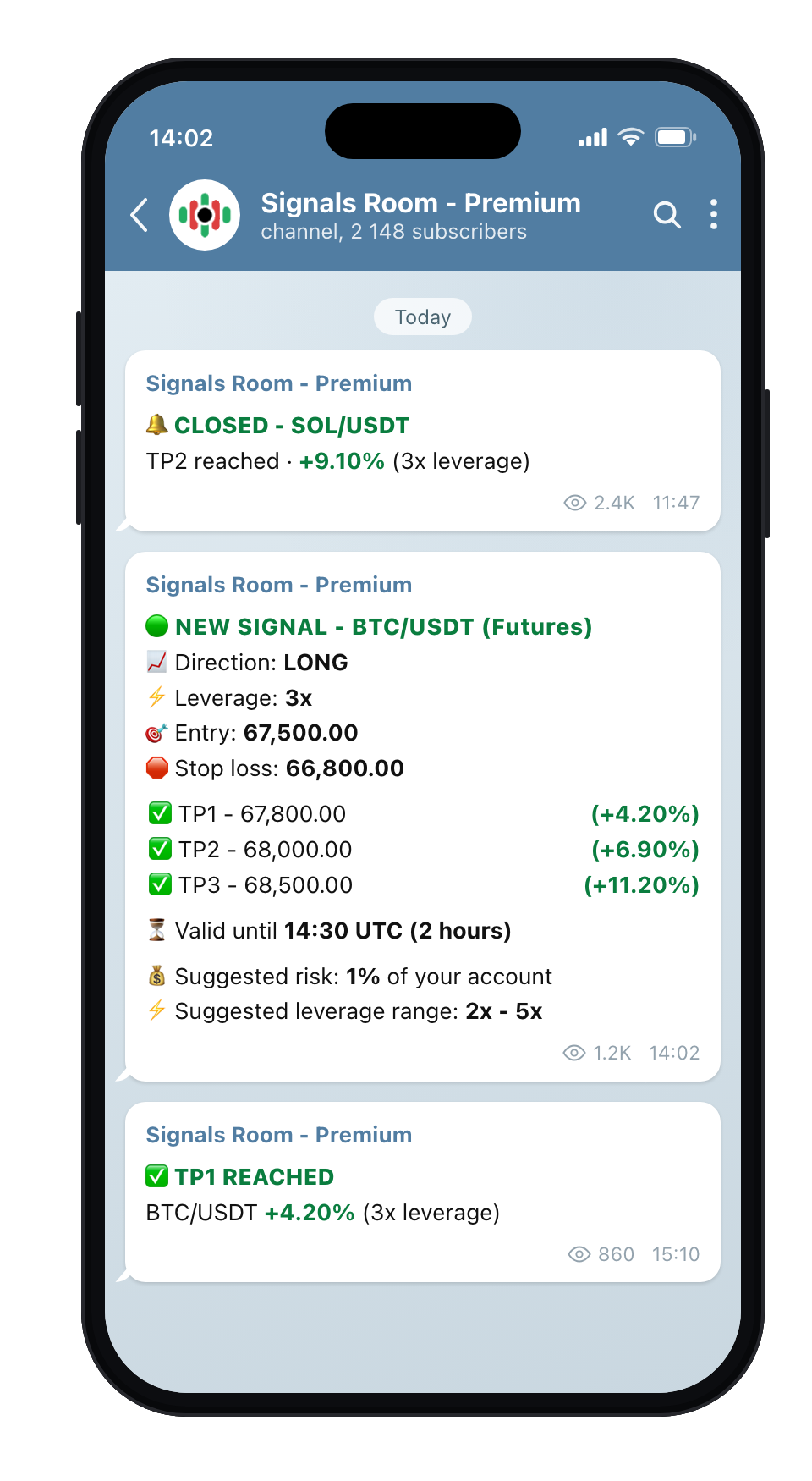 A Signals Room signal in the Telegram channel: BTC/USDT long, leverage 3x, entry, stop-loss and three take-profit levels, with a TP1 reached update.